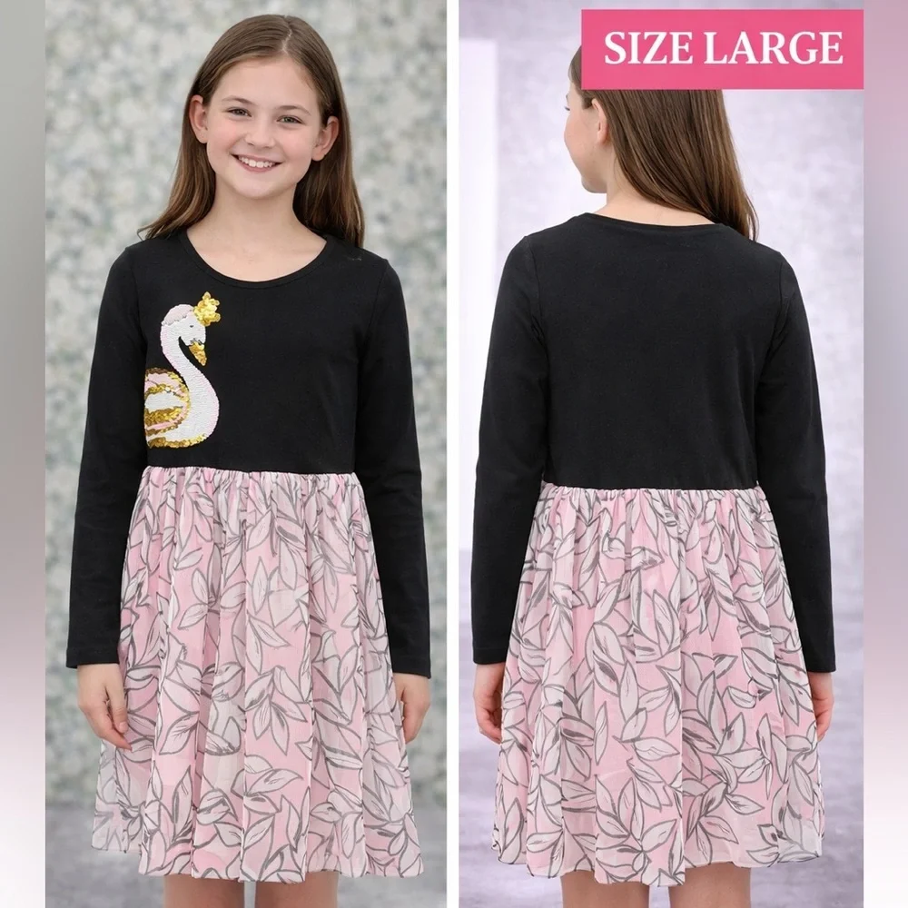 Black & Pink Swirl Swan Long Sleeve Dress girls size LARGE